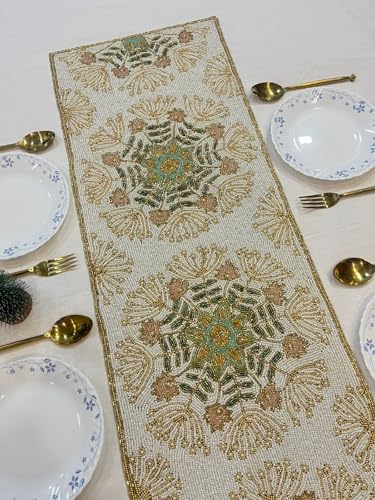 Image of Handmade Cream Gold Beaded Dining Table Runner | Elegant Console Runner for Dining Table Decor, Festive Decoration & Diwali Gifting | Luxury Bead Work Table Accent for Home & Parties