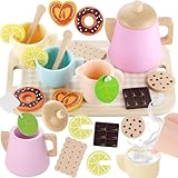 GAGAKU Kinder Holz Teeservice – Holzspielzeug Küchenzubehör mit Teekanne, Tassen, Löffeln & Zubehör – Kreatives Rollenspiel-Set für Mädchen und Jungen