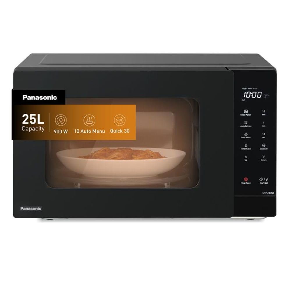 25L Compact Solo Microwave Oven NN-ST34NB,900W Push open, Auto-defrost, Child safety lock, Touch Operation, Quick 30 function, Black, 1 Yr Warranty