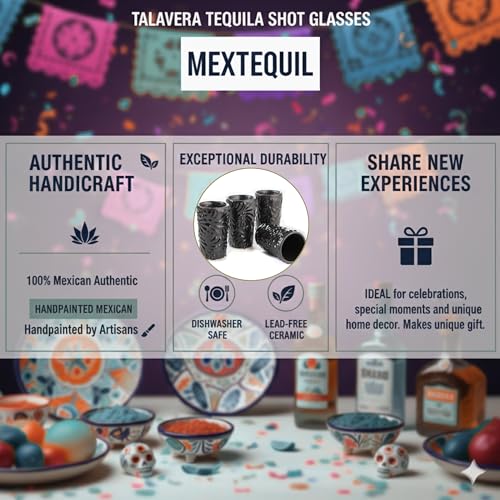 Image of Talavera Shot Glasses Set of 4 Authentic Mexican Tequila Shot Glasses - Hand-painted - 2 Oz (Black Shadow)