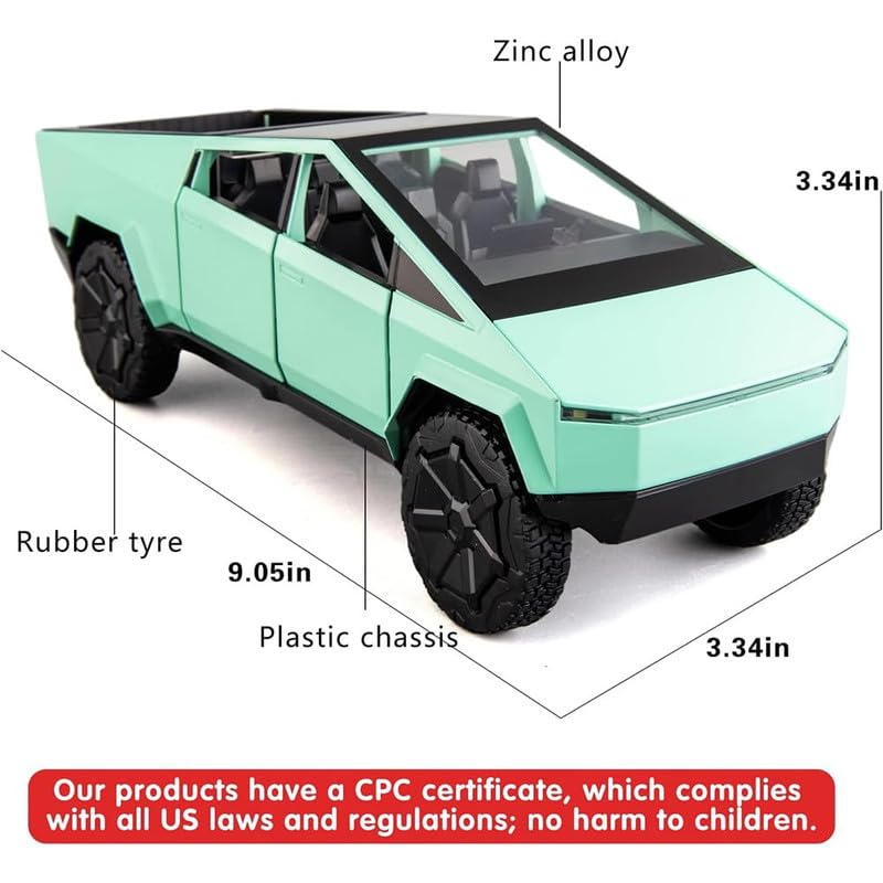 Image of Kids Model 1:24 Cyber Truck Die Cast Metal Car Pull Back Action Opening Doors with Realistic Engine Sound Lights Toy Car Gift for Boys - Green