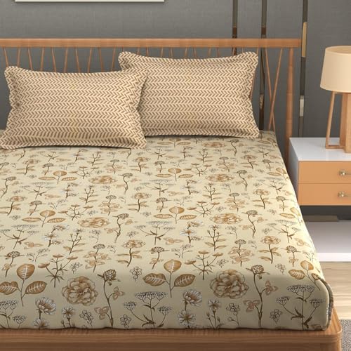 Image of Mafatlal Plush 140 GSM Double Bed Sheet | 90 x 100 Inches | Lightweight Microfiber Cloth | Queen Size | Soft & Stylish | Light Beige & Brown