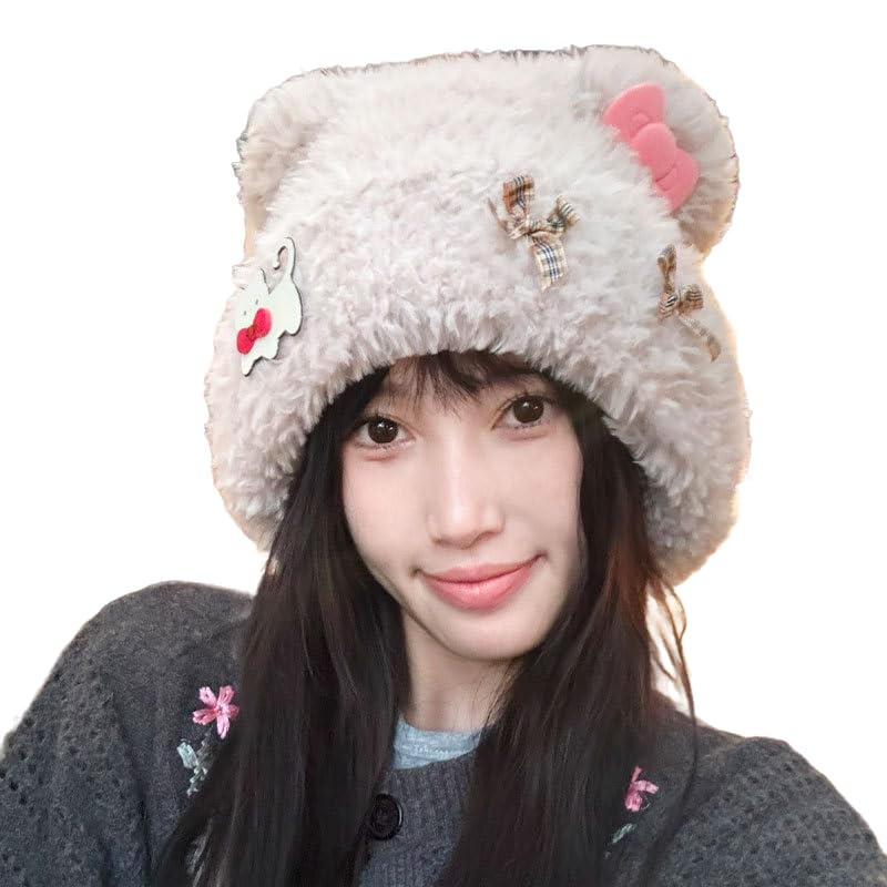 1-3 PIÈCES Mignon Bonnet Oreillettes Chapeaux Bowknot Déco en Peluche Tricoté Femmes Chapeau d'hiver Taille Unique Adultes Enfants Bonnet Moelleux