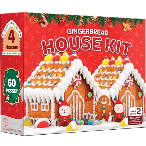 Gingerbread House kit [Set of 4] DIY Gingerbread House, Fun Holiday Activity for Kids, Ease Crafted Grooves Decor Kit of 4 Houses/8 ppl/Fondant/Snowflakes/Candies/Jellies/Beads/Buttons/Tray 60 Pcs Set