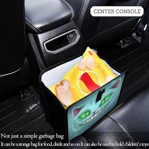 Image of Fantasy Scary Laugh Cat Car Trash Can, Foldable Hanging Car Trash Bag, Cheshire Cat Green Eye Halloween Small Waterproof Car Accessories Garbage Bin