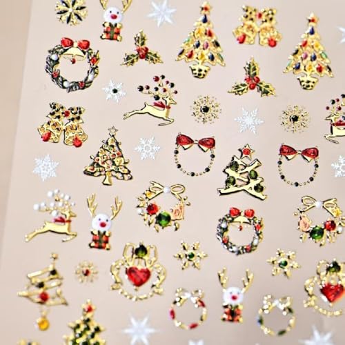 Image of 5D Embossed Christmas Nail Stickers for Nails Art Gold Xmas Tree Nail Art Stickers Elk Snowflake Nail Decals Self-Adhesive Garland Nails Decals for Women Manicure Supplies Accessories