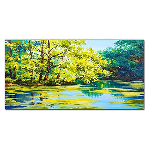 Impression sur verre herbe et lac pour salon zen 100x50
