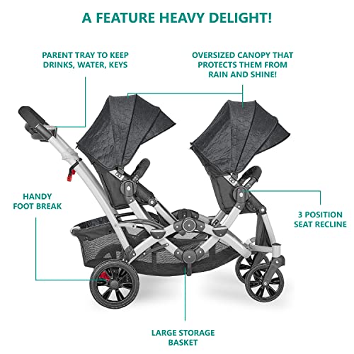 Image of Dream On Me Track Tandem Double Umbrella Stroller in Slate, Lightweight Double Stroller for Infant and Toddler, Multi-Position Reversible & Reclining Seats, Large Storage Basket and Canopy