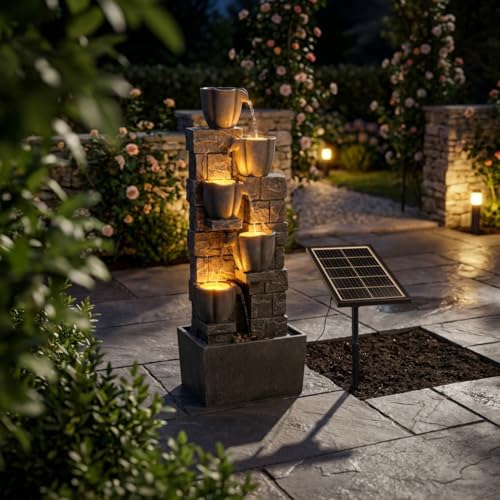 Warm Garden Solar Powered Water Fountain-36.2in.Tall Floor-Standing Outdoor Fountains with Tulip Design - Natural 4 Tiers Waterfall Water Feature for Outside Garden,Backyard,Lawn Decor,Grey