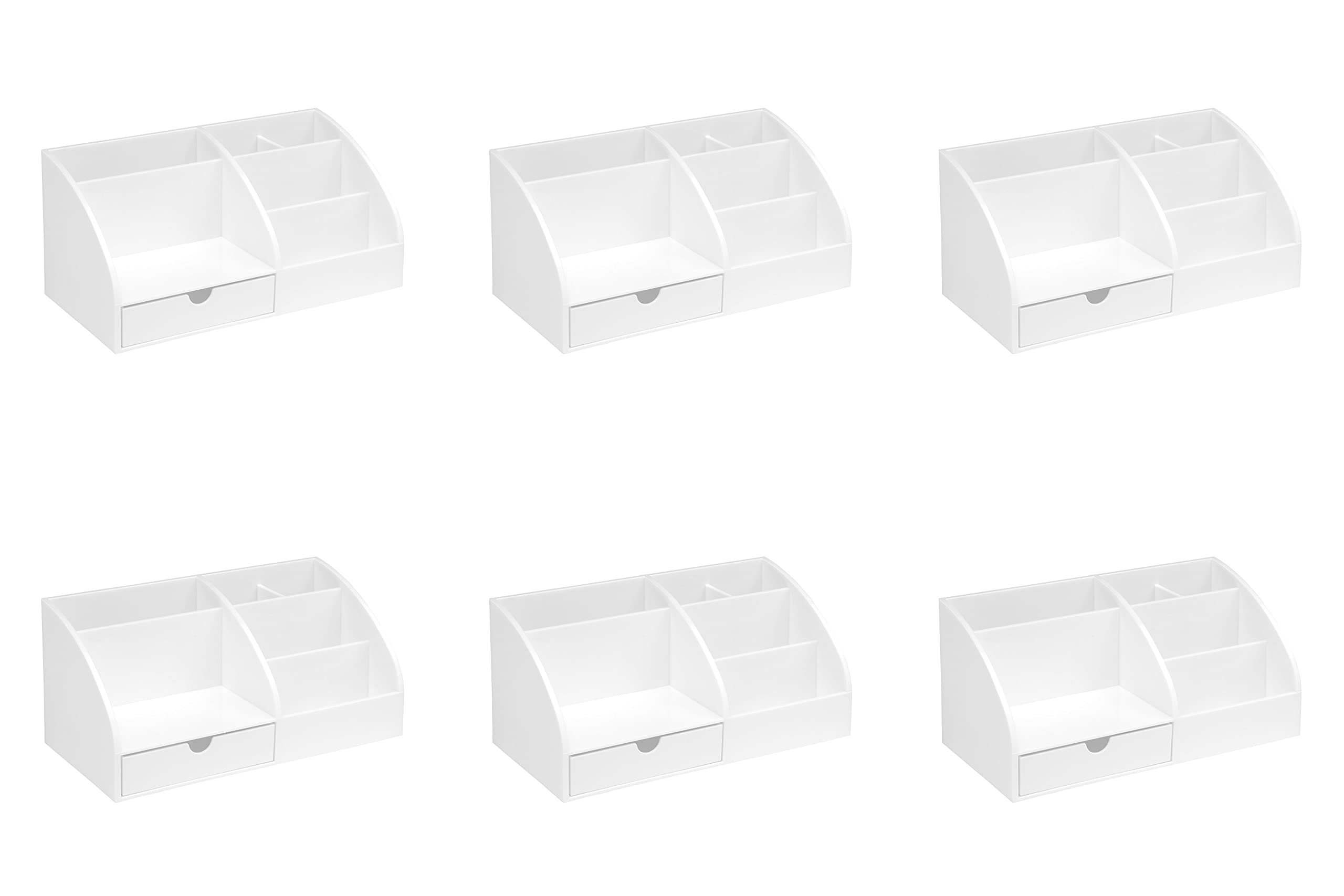 OSCO White Plastic Desk Tidy Pen Pot, 7 Section Organiser with Pull-Out Drawer for Stationery, Cosmetics & Home Office Supplies, H12×W25×D13 cm, 6 Pack — image 1
