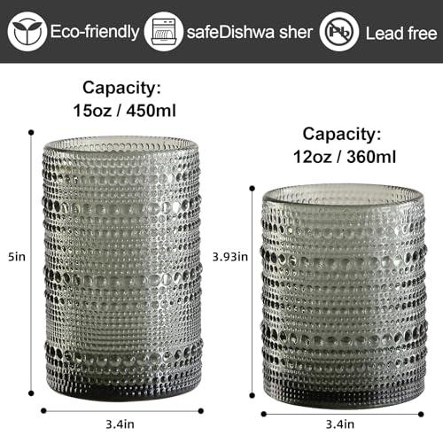Vintage Glassware Drinking Glasses Set of 12,Grey 12oz & 15oz Hobnail Glass Cups,Embossed Water Tumbler,for Beer,Cocktail,Whiskey,Juice and Various Mixed Drinks- 1 Cleaning Brush