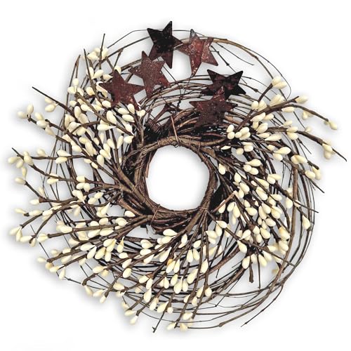 BCD-Pip-Twig-Wreath-Rusty-Stars-Ivory-Berries-Country-Primitive-Floral-Decor BCD Pip Twig Wreath Rusty Stars Ivory Berries Country Primitive Floral Decor