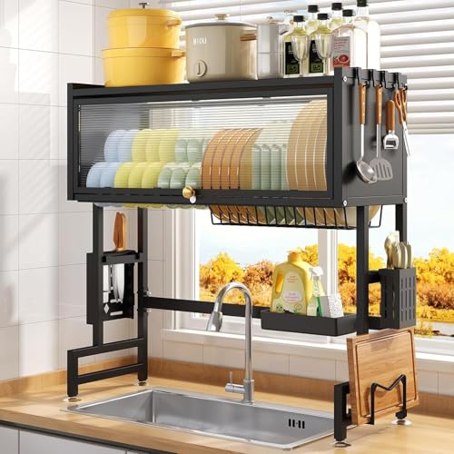 Image of HomeCloud Over-The-Sink Dish Drying Rack with Dustproof Flip Cover Door | Multifunctional Adjustable Metal Kitchen Countertop Organizer (Black, 85x80x29Cm)