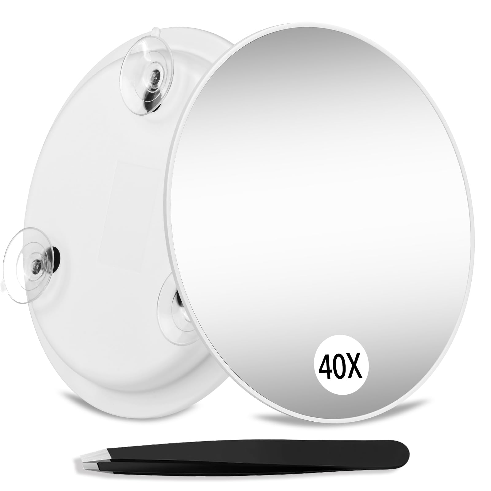 Miroir grossissant 40x avec ventouses, grand miroir de voyage de 15,2 cm grossissant 40x rond avec grossissement élevé, miroir de maquillage avec pinces à épiler