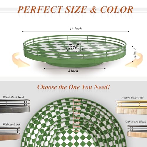 Image of Premium Rubber Wood Lazy Susan Turntable, Green White Checkerboard Decorative Serving Tray, Hand-Welded Metal Railing, Stable Rotating Organizer for Dining Table, Kitchen Counter, Coffee Table Decor