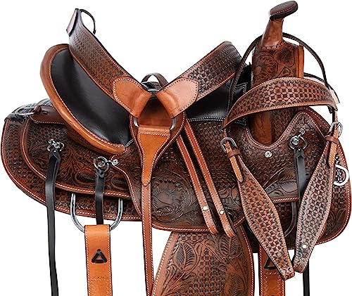 ME-WLS-111 Selle de cheval Western en cuir de vachette sculpté à la main pour randonnée Endurance 25,4 cm à 45,7 cm Siège 43,2 cm