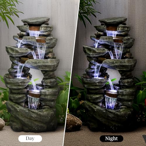 Image of SunJet 60 inch High 7-Tiers Cascading Rock Outdoor Water Fountain with LED Lights - Large Outdoor Fountains and Waterfalls for Garden or Patio, Yard, and Deck Decor, Featuring Natural Stone Look