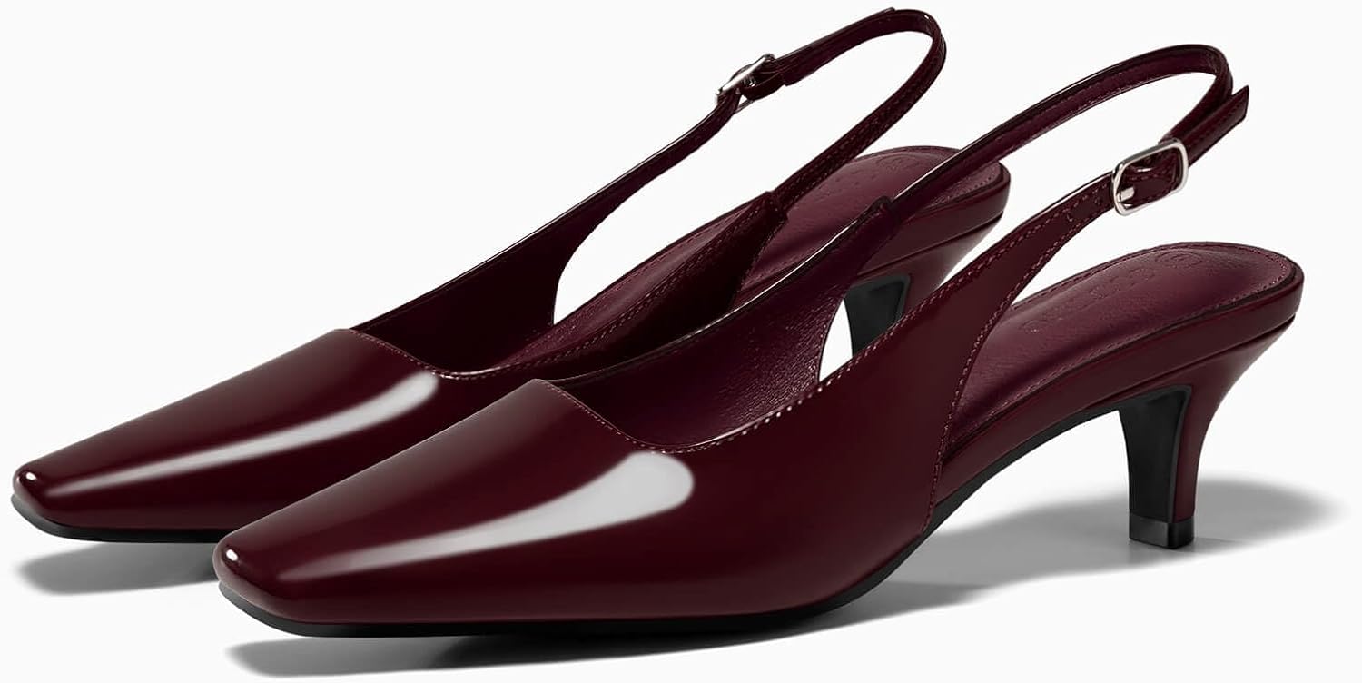 Coutgo Womens Kitten Low Heels Slingback Pumps Squared Point Toe Buckle Strap Wedding Party Dress Shoes - Image 4