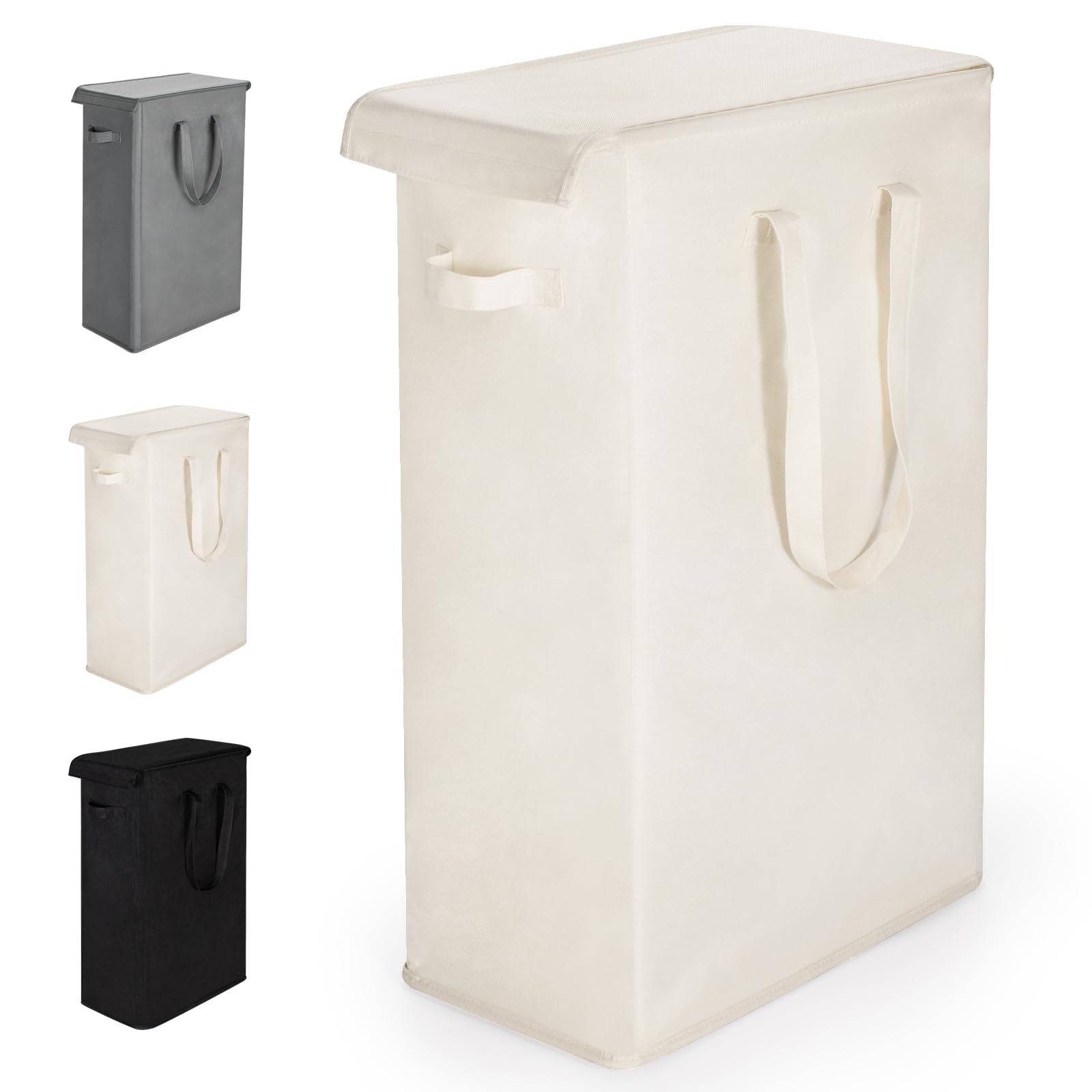 Cesta de Lavandería Estrecha con Manija Larga 55L Tela Oxford Cesto para la Colada Delgada con Tapa y Asas Cesta de Ropa Sucia Plegable Cesta de Almacenamiento, para Dormitorios(Beige)