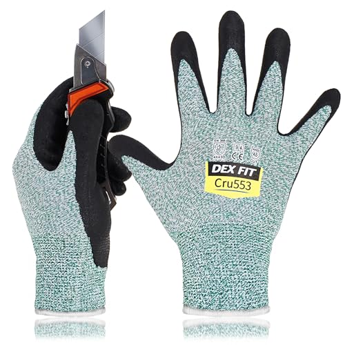 Image of DEX FIT Level 5 Cut Resistant Gloves Cru553, 3D Comfort Stretch Fit, Power Grip, Durable Foam Nitrile, Smart Touch, Machine Washable, Thin & Lightweight, Green 7 (S) 1 Pair