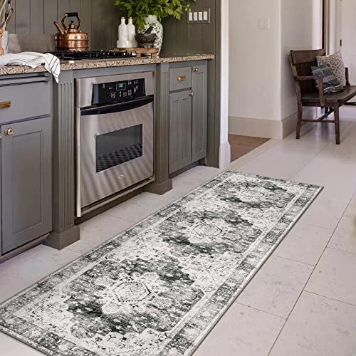 Moynesa Ultra-Thin Washable Runner Rug 2x7 for Hallway Non-Slip, Grey Kitchen Runner Rugs with Rubber Backing, Long Non Shedding Low Pile Bedroom Bedside Carpet for Bathroom Laundry Living Room