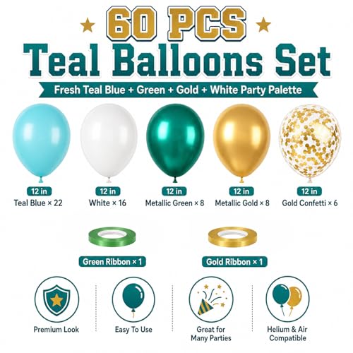 Image of Teal and Gold Balloons, 60PCS Gold Turquoise Balloons Set, 12 Inch Metallic Green Gold Confetti Balloon Teal Blue White Latex Balloon for Wedding Birthday Baby Shower Summer Party Decor
