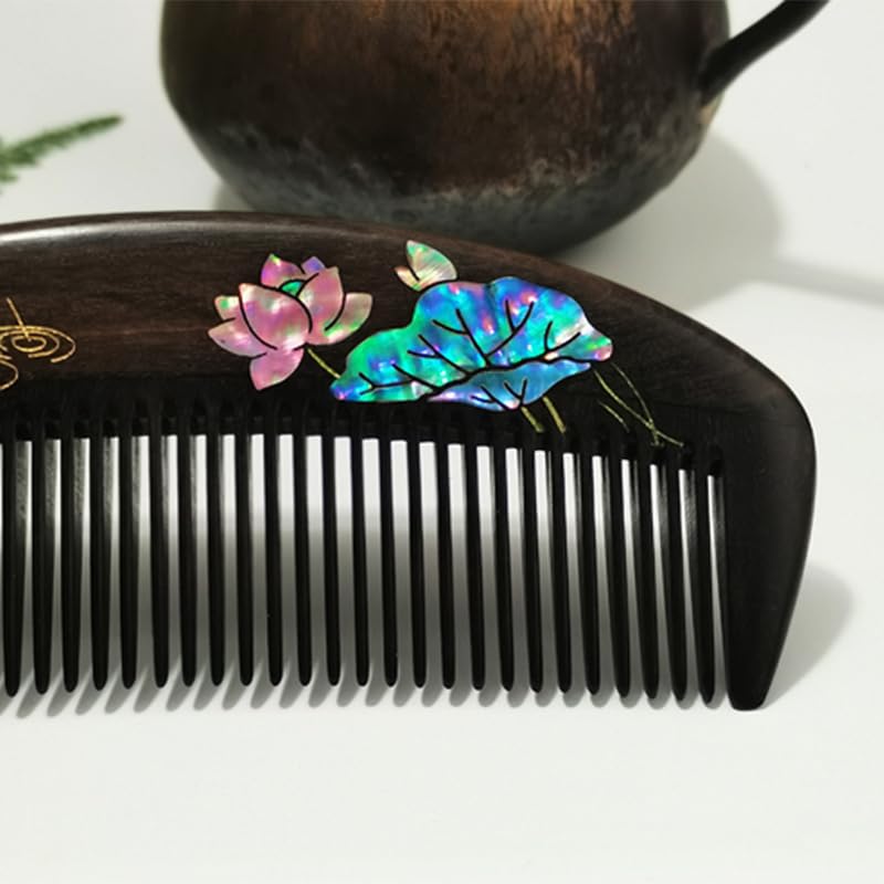 QinXingBaiHuoDian For Ancient Wooden Comb Women's and Men's Hair Comb 荷花蜻蜓檀木梳子螺钿镶嵌漆艺彩绘梳文创商务礼品(1Pcs 荷花蜻蜓檀木梳礼盒装（不含发簪）)