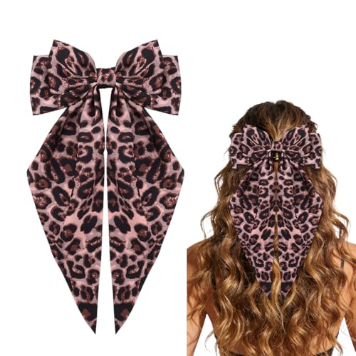 Lazo para cabello rosa con estampado de leopardo grande, clip francés de satín sedoso para mujeres, lazo con borla y cinta para el cabello con cola larga, clips para cabello para mujeres y niñas, regalo para San Valentín y cumpleaños miniatura 1