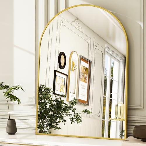 Espejo de baño de arco, 24 x 36 pulgadas, espejo de tocador montado en la pared con marco de aleación de aluminio, ideal para sala de estar, dormitorio, baño y entrada, colgar o inclinar, dorado