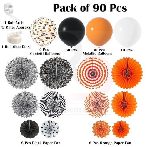 Image of Rozi Decoration Halloween Theme Balloons Garland Decorations Items with Black & Orange Hanging Paper Fan Decorations for Halloween Theme Birthday Parties Decorations Pack of 90 Pcs