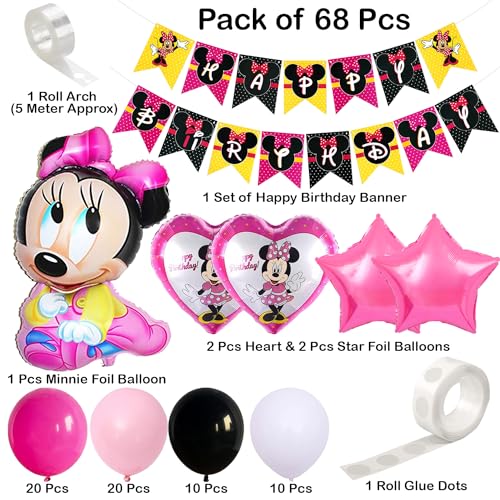 Image of Rozi Decoration Minnie Theme Birthday Decoration Combo Set - 68 Pcs Latex, Foil, Cardstock Items for Girls - Multicolor