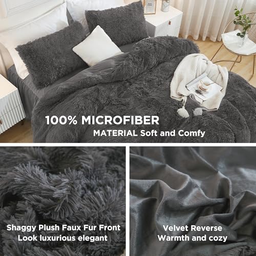 Andency Faux Fur Dark Grey Comforter Full Size, 3 Pieces Fluffy Fuzzy Plush Gray Bedding Comforter Set (1 Shaggy Velvet Comforter & 2 Pillowcases), Soft Puffy Comfy Bedding Set