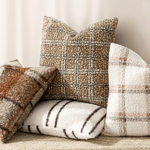 Image of Foindtower Pack of 2 Soft Faux Fur Boucle Throw Decorative Pillow Covers Fuzzy Accent Check Cushion Sherpa Boho Farmhouse Pillowcase for Couch Sofa Bed Living Room Home Decor 20x20 Inch,Light Brown