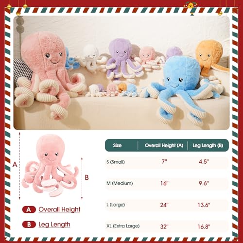 Image of DENTRUN Octopus Plush Toy, Cute Stuffed Animal in 5 Colors 4 Sizes for Gift | 7 /16 /24 /32 inch sizes, 5 vibrant colors, soft plush sea animal, giant gift for all ages, birthday /Xmas /Halloween