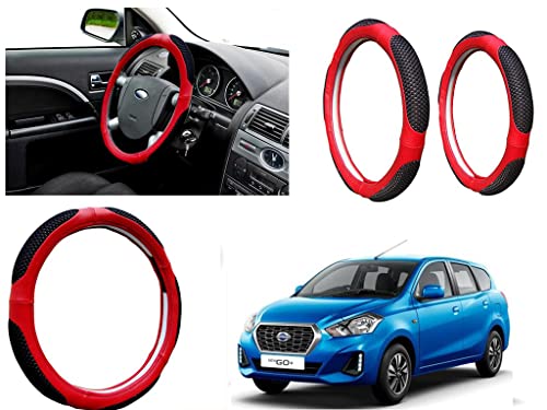 Image of Microfiber Car Steering Wheel Cover, Soft Padding Great Hand Feel, Anti-Slip, Faux Leather Steering Cover for Datsun Go 2020 | Black Red Jali - Pack of 1