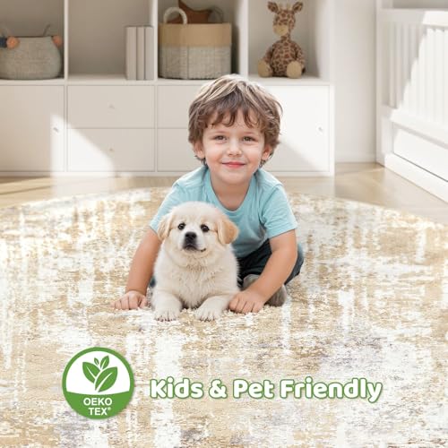 Round Rug Living Room Rugs: 8Ft Washable Circle Large Abstract Modern Soft Stain Resistant Non Slip Indoor Floor Carpet for Bedroom Nursery Office Dining Room Dorm Home House Decor- Gray Gold