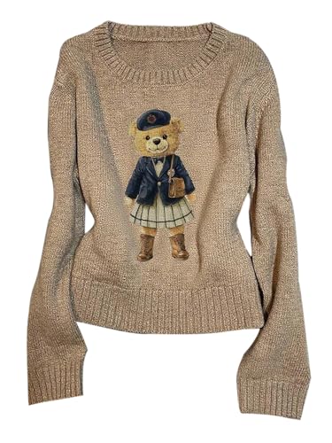 GORGLITTER Womens Cute Teddy Bear Sweaters Long Sleeve Crewneck Cozy Pullover Tops Casual Fall Knit Top Brown Small