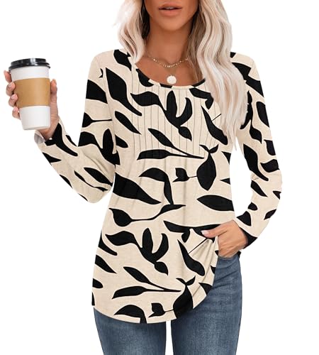 MOLERANI T Shirts for Women UK Round Neck Loose Casual Ladies Long Sleeve Tops Front Pleated T Shirt Apricot Black Leaf 2XL