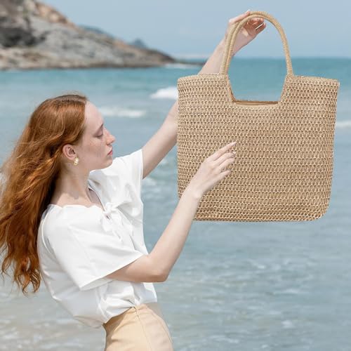 Image of Long Keeper Beach Bags for Women Summer Straw Bag with Zipper Woven Shoulder Handbag Beach Tote Bags for Travel Vacation