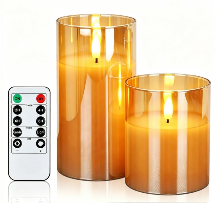 Image of Amagic Gold Glass Real Wax Flameless LED Pillar Candles with Remote Control