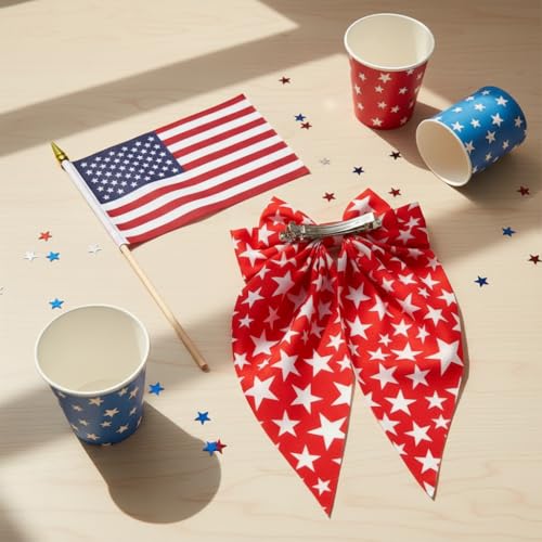 Lazos para el cabello del 4 de julio para niñas, clips patrióticos en rojo y azul con estrellas, lazo largo con cola para día de la independencia, accesorios para fiestas de mujeres y niños miniatura 6