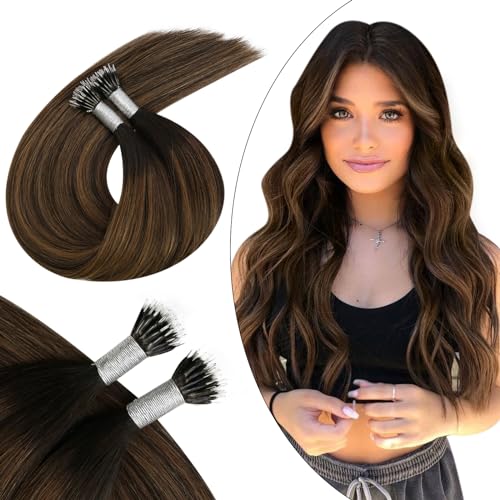 Ugeat Dark Brown Nano Hair Extensions Human Hair Balayage Medium Brown Nano Bead Hair Extensions Human Hair Balayage 14 Inch 50g 50s #2/6/2