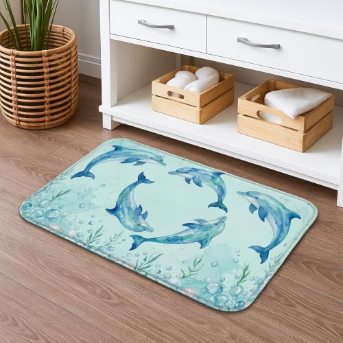 Tapis de bain à séchage rapide, motif dauphin, aquarelle, antidérapant, lavable, pour salle de bain, toilettes, toilettes, décoration 40,6 x 61 cm