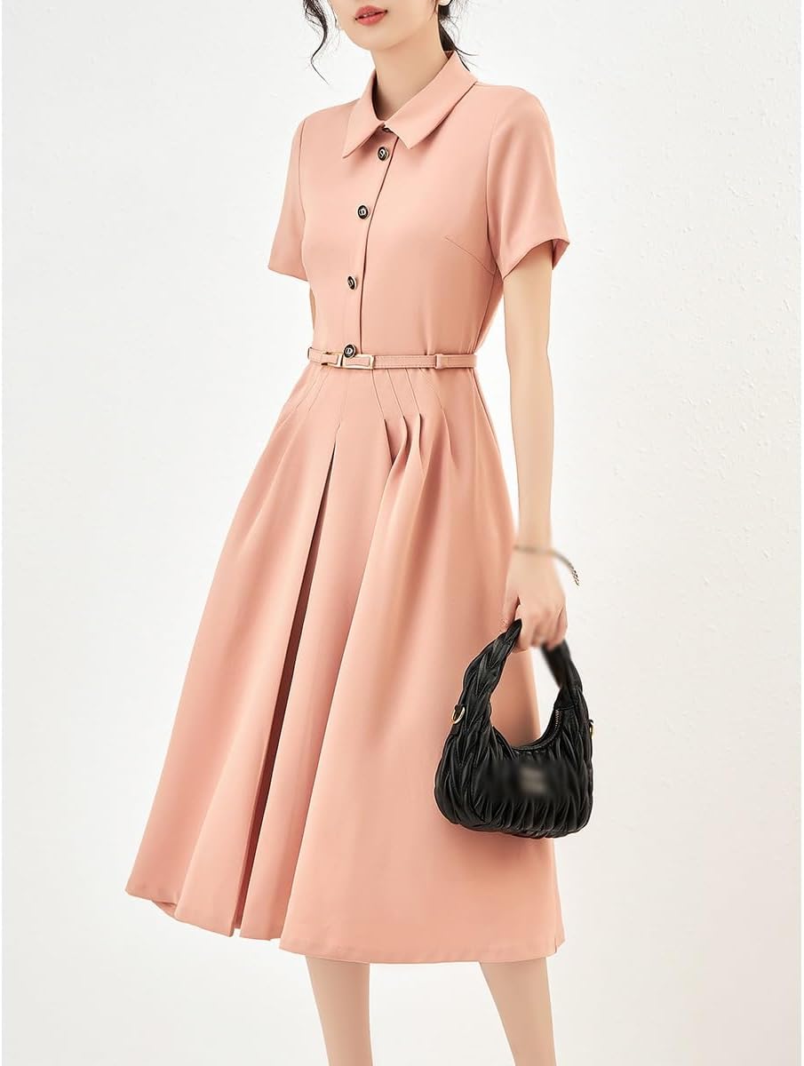 JSEIAJB Small Fragrant Wind Slim Waist and Large Swing Mid Length Dress(XL)