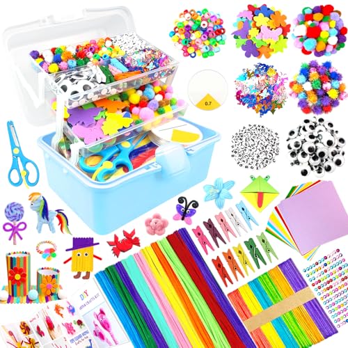 BNUZEIYI Lavoretti Creativi per Bambini DIY Art Craft Set Scatola Lavoretti Bambini a 3 Strati Scovolini Materiali per Scuola Regali Giochi Creativi Ragazzo Ragazza 4-8, 8-12 Anni, Blu