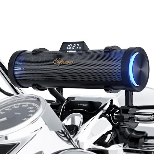 GoHawk Bluetooth Motorcycle Speakers | 6-Speaker Waterproof Stereo System w/Built-in Amplifier | Aluminum Sound bar Music Player w/FM Radio USB LED | Great for Harley ATV