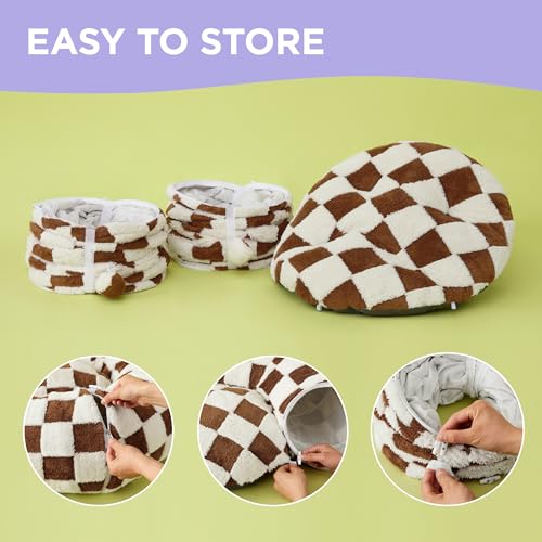 Image of Lesure Large Cat Tunnel Bed - Cute Donut Bed for Indoor Cats with Washable Circle Cushion, Round Pet Peekaboo Cave Toy for Multi Kitten /Puppy /Rabbit, Large Brown Checks