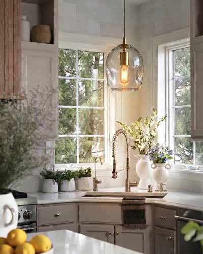 CASAMOTION Glass Pendant Light Gold and Clear Organic Globe Ceiling Hanging Fixtures Modern Industrial Ambient Lighting Over Kitchen Island Sink Bar Counter Porch Small Medium Lamp 8 Inch H - Image 2