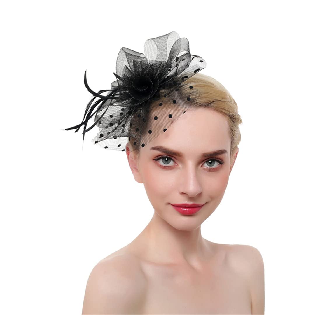 FBHappiness Feather Fascinators On Headband For Women Ladies Hair Clip Mesh Tea Party Cocktail Hair Accessories ，Cocktail Hats(Black)