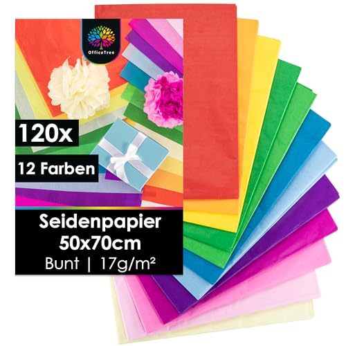 OfficeTree 120 Blatt Seidenpapier 50x70 cm - 12 Farben - 17g/m² - Seidenpapier Bunt zum Basteln - Seidenpapier Verpackungsmaterial für Geschenktüten - Seidenpapier Verpackung - Seidenpapier groß